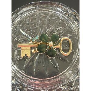 Vintage Coro Enamel Shamrock And Key Brooch